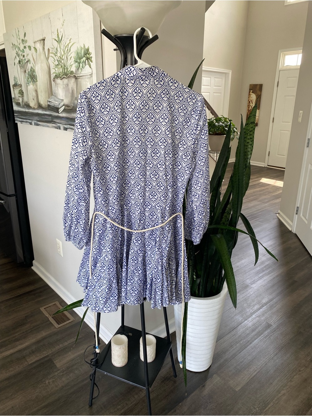 ZARA Blue and White Geometric Tile Print Mini Dress with Rope Belt - Size S - Picture 3 of 8